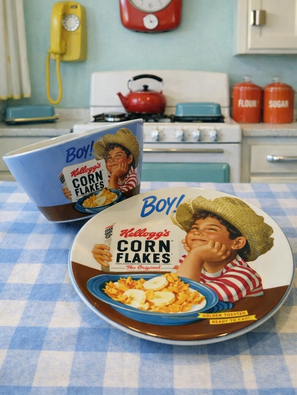 Kellogg's Corn Flakes Vintage Cereal Bowl and Plate Set - Blue/Brown/White